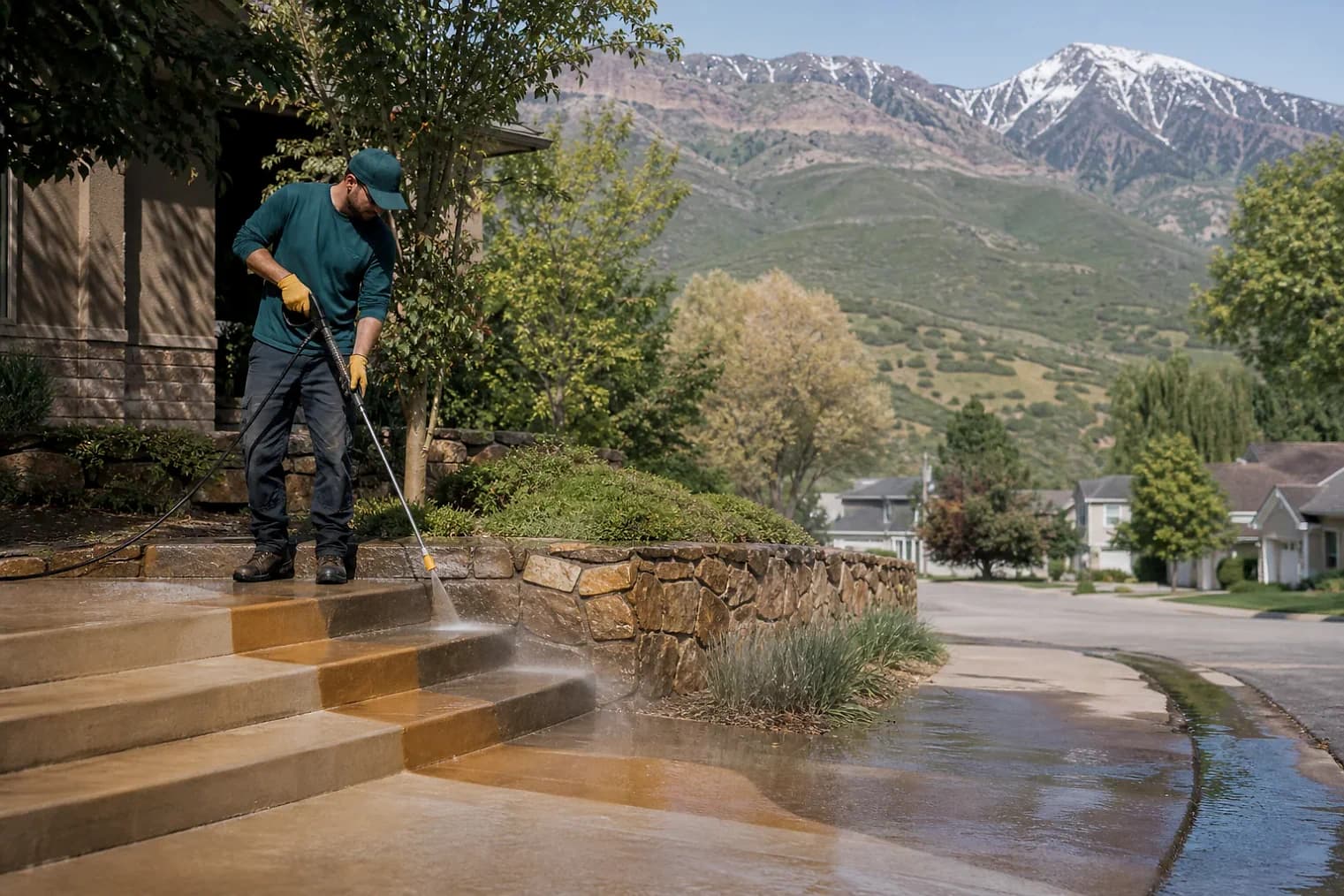 Exterior-cleaning scene inspired by Alpine, Utah, with characteristic the Wasatch Front landscape