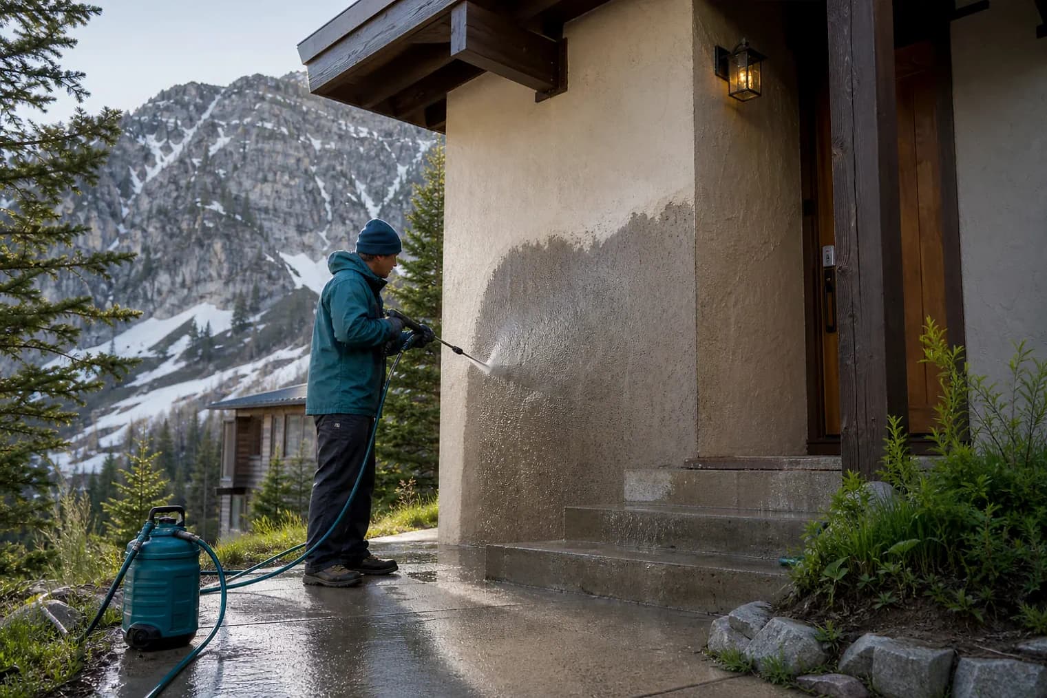 Exterior-cleaning scene inspired by Alta, Utah, with characteristic the Wasatch Front landscape