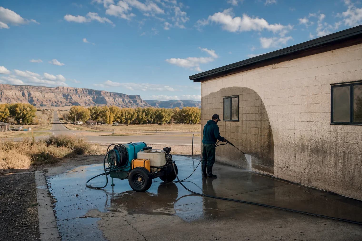 Exterior-cleaning scene inspired by Altamont, Utah, with characteristic the Uintah Basin landscape