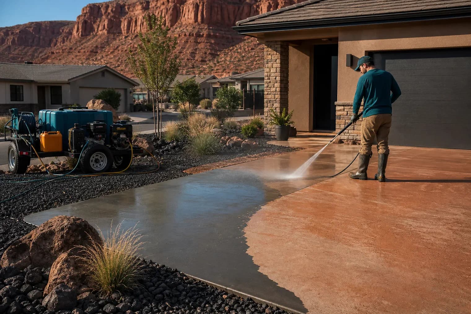 Exterior-cleaning scene inspired by Alton, Utah, with characteristic southwest Utah landscape