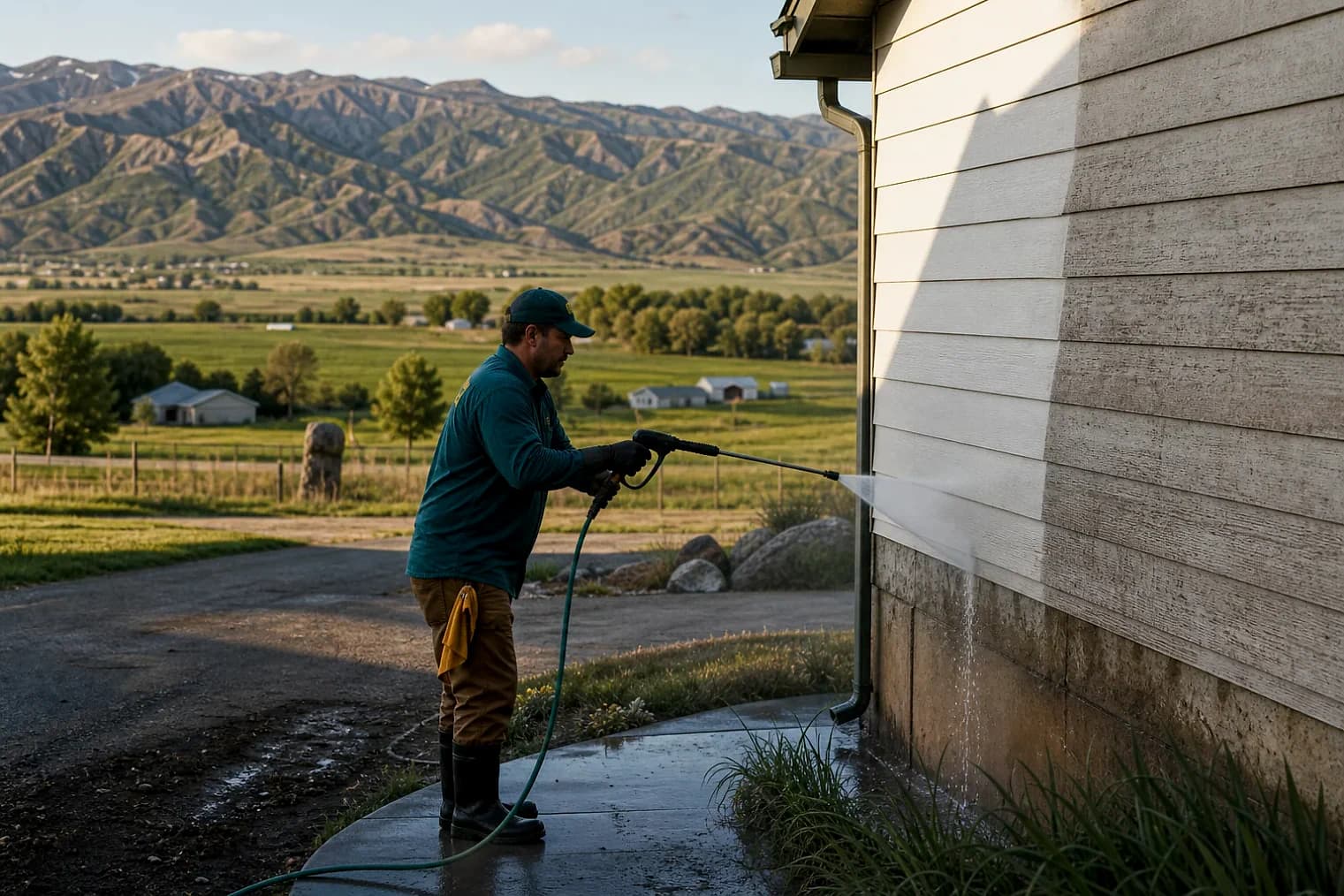 Exterior-cleaning scene inspired by Amalga, Utah, with characteristic Cache Valley and far northern Utah landscape
