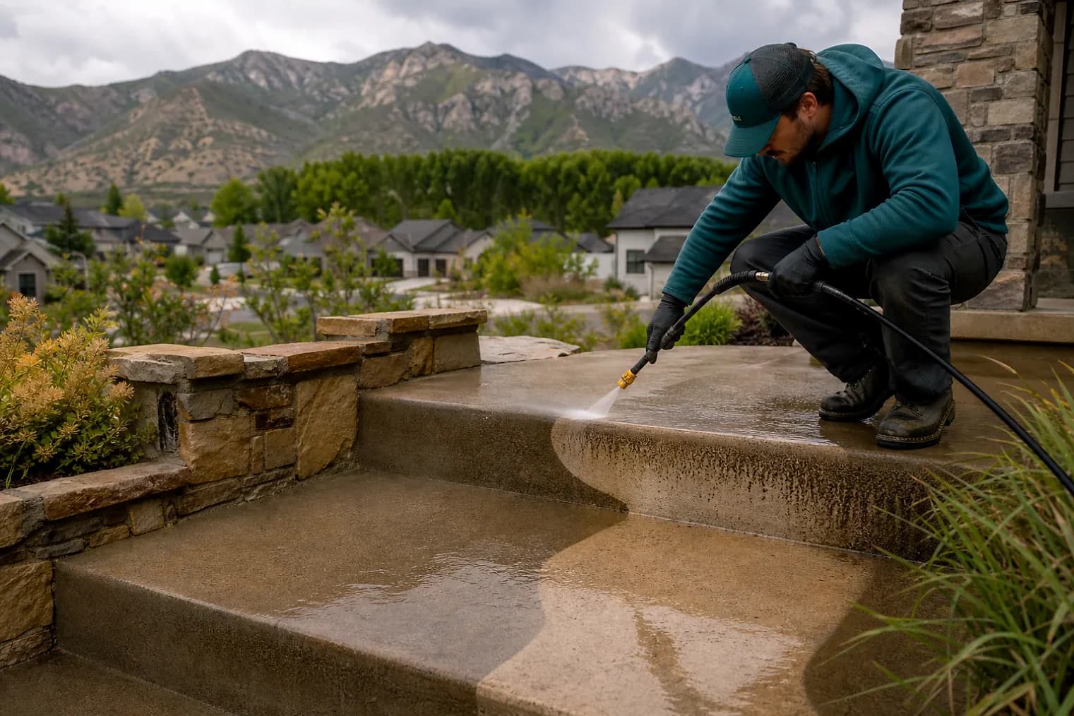 Exterior-cleaning scene inspired by American Fork, Utah, with characteristic the Wasatch Front landscape