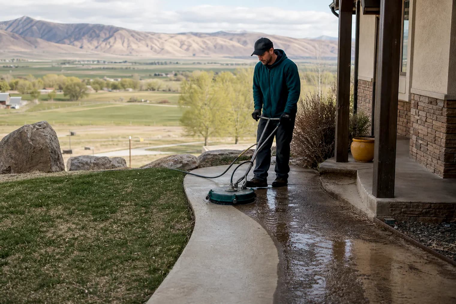 Exterior-cleaning scene inspired by Annabella, Utah, with characteristic central Utah landscape