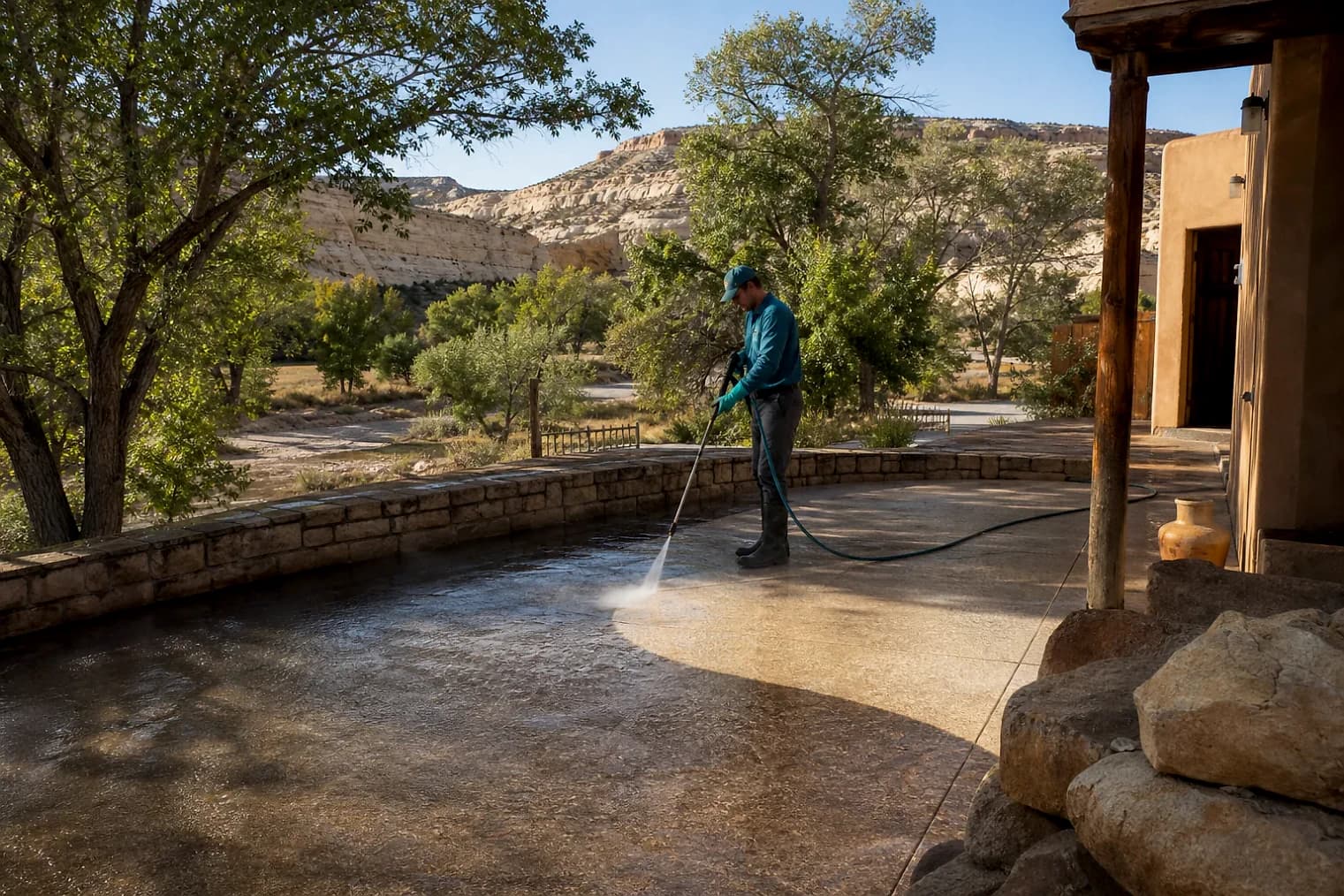 Exterior-cleaning scene inspired by Antimony, Utah, with characteristic Utah's canyon country landscape