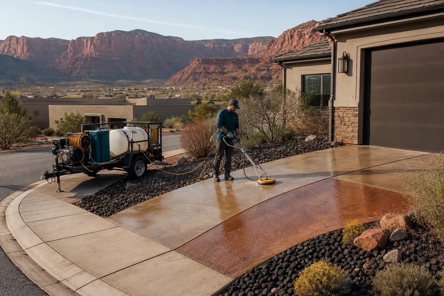 Exterior-cleaning scene inspired by Apple Valley, Utah, with characteristic southwest Utah landscape