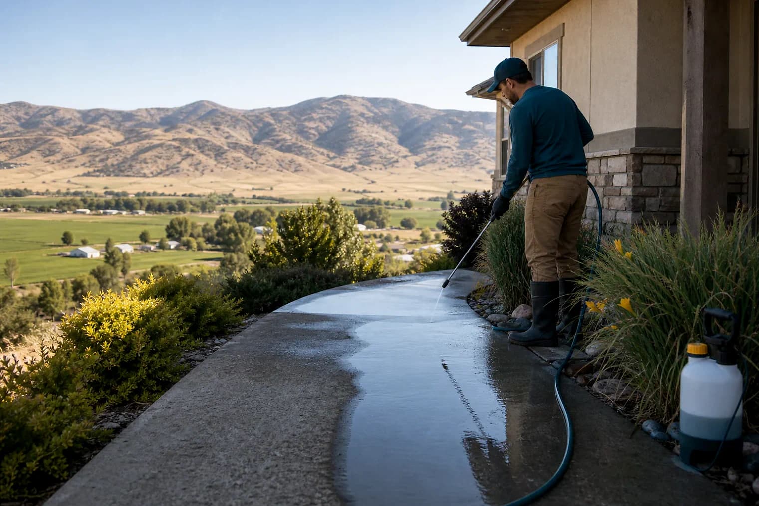 Exterior-cleaning scene inspired by Aurora, Utah, with characteristic central Utah landscape