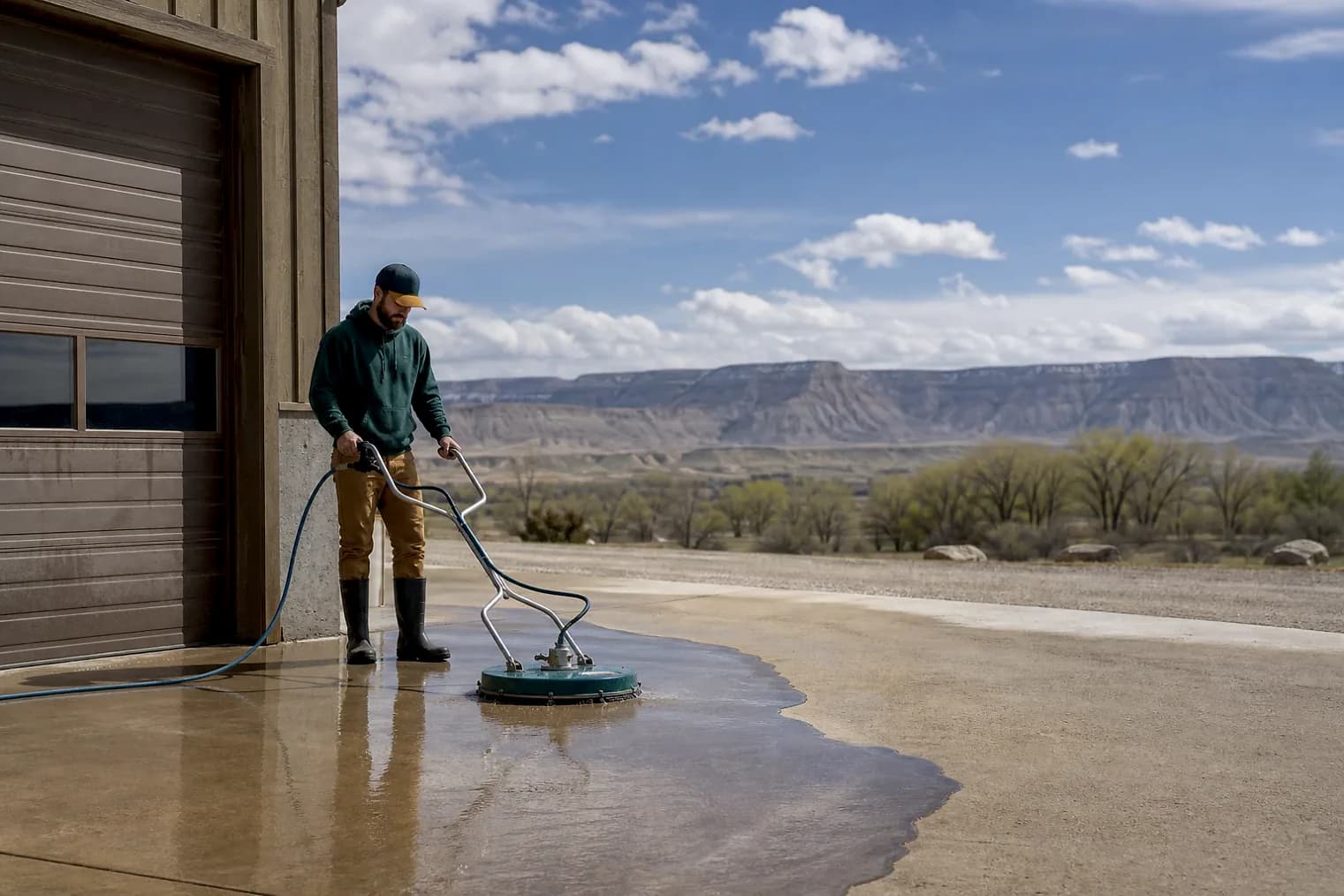 Exterior-cleaning scene inspired by Ballard, Utah, with characteristic the Uintah Basin landscape