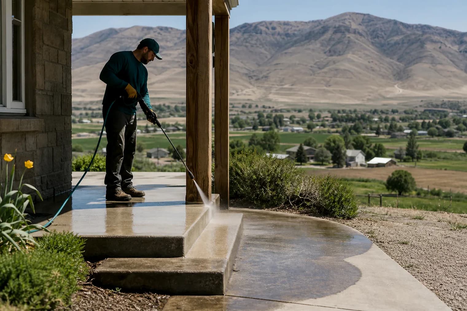 Exterior-cleaning scene inspired by Beaver, Utah, with characteristic central Utah landscape