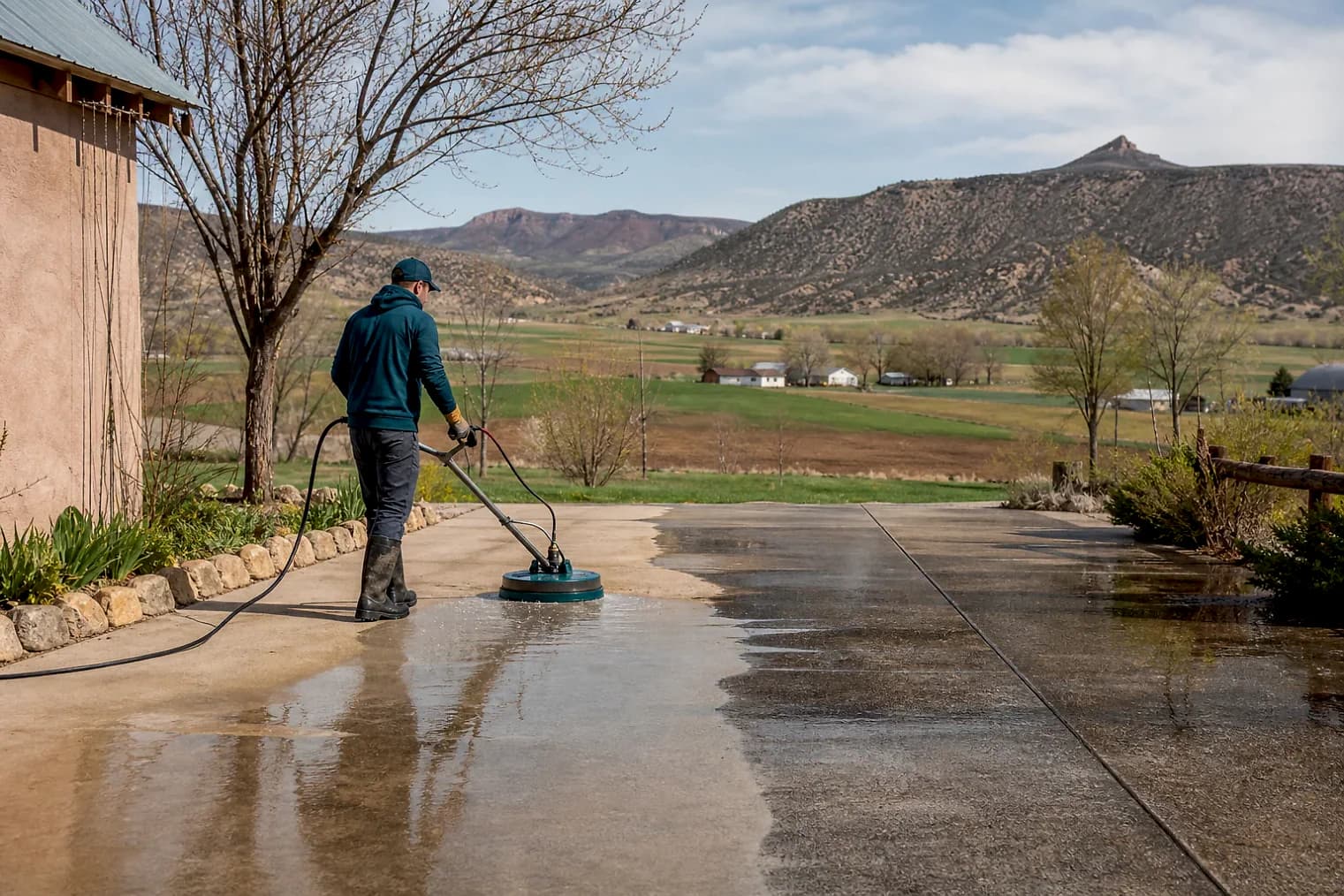 Exterior-cleaning scene inspired by Bicknell, Utah, with characteristic central Utah landscape