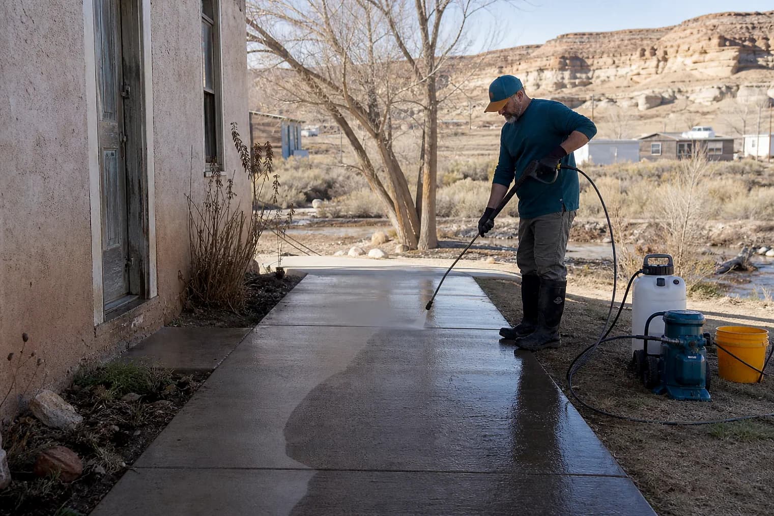 Exterior-cleaning scene inspired by Big Water, Utah, with characteristic Utah's canyon country landscape