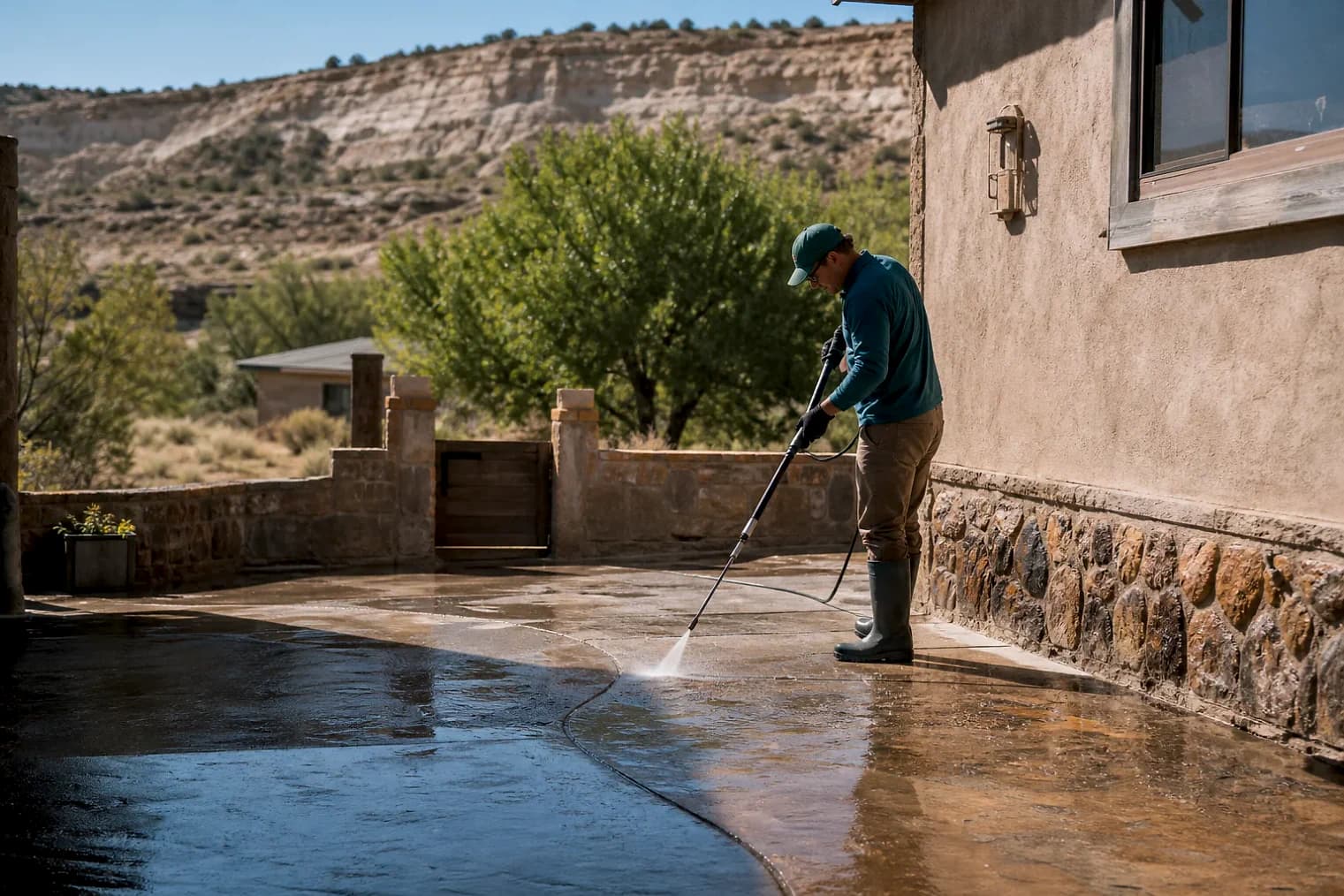 Exterior-cleaning scene inspired by Blanding, Utah, with characteristic Utah's canyon country landscape