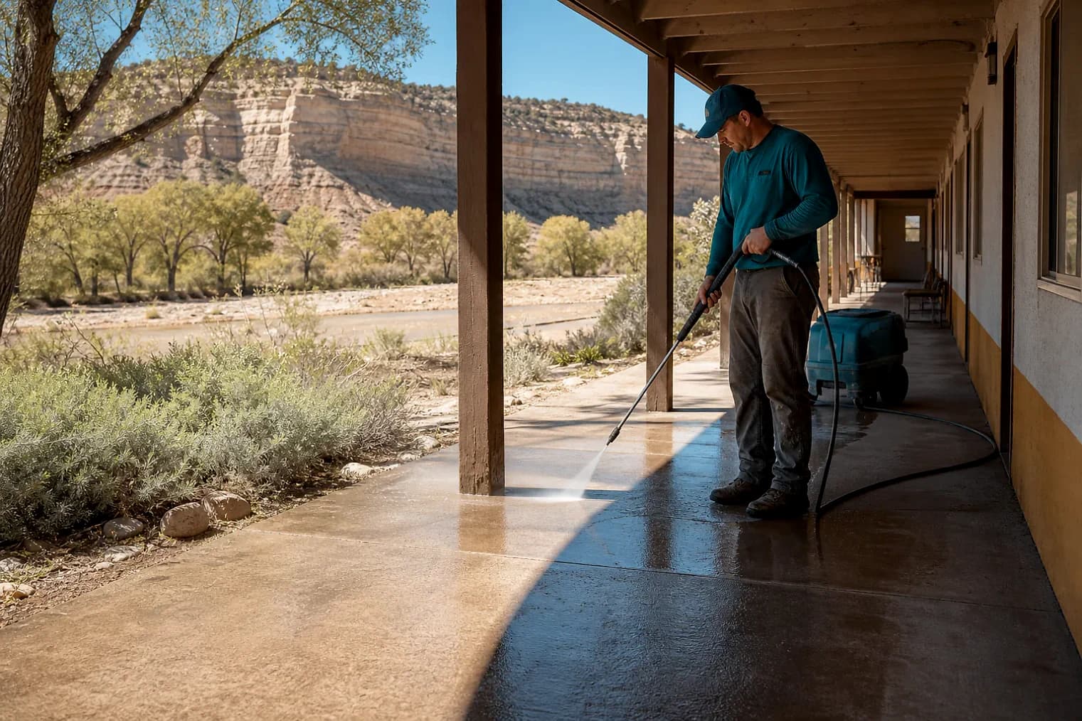 Exterior-cleaning scene inspired by Bluff, Utah, with characteristic Utah's canyon country landscape
