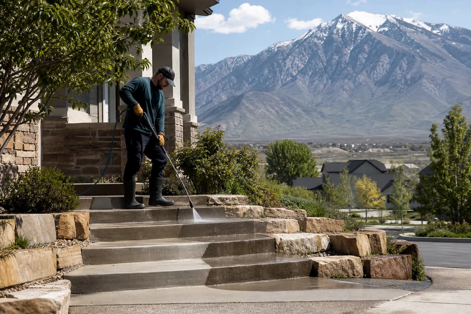 Exterior-cleaning scene inspired by Bluffdale, Utah, with characteristic the Wasatch Front landscape