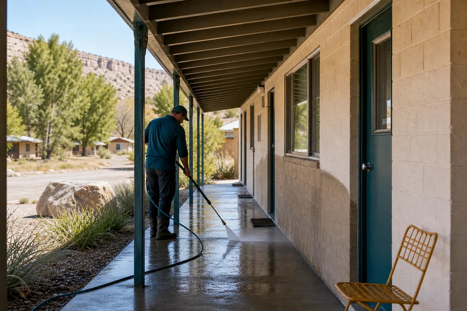 Exterior-cleaning scene inspired by Boulder, Utah, with characteristic Utah's canyon country landscape