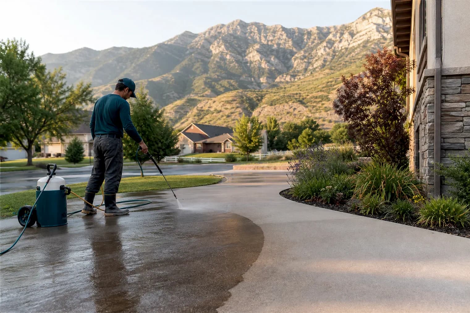 Exterior-cleaning scene inspired by Bountiful, Utah, with characteristic the Wasatch Front landscape