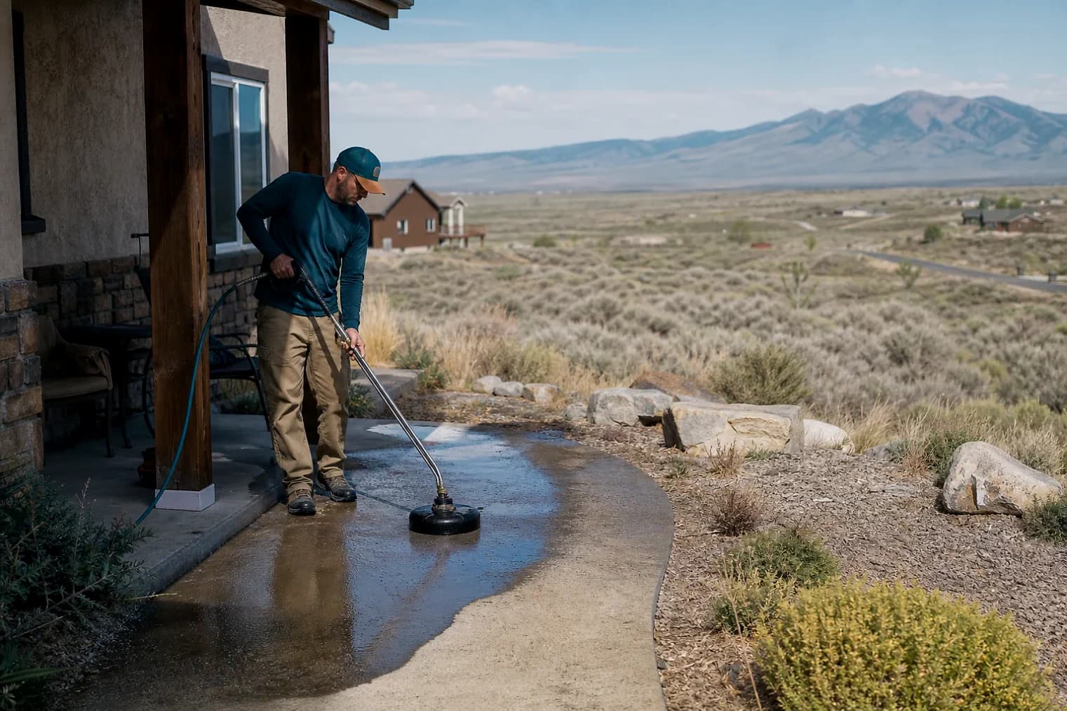 Exterior-cleaning scene inspired by Brian Head, Utah, with characteristic Utah's west desert landscape