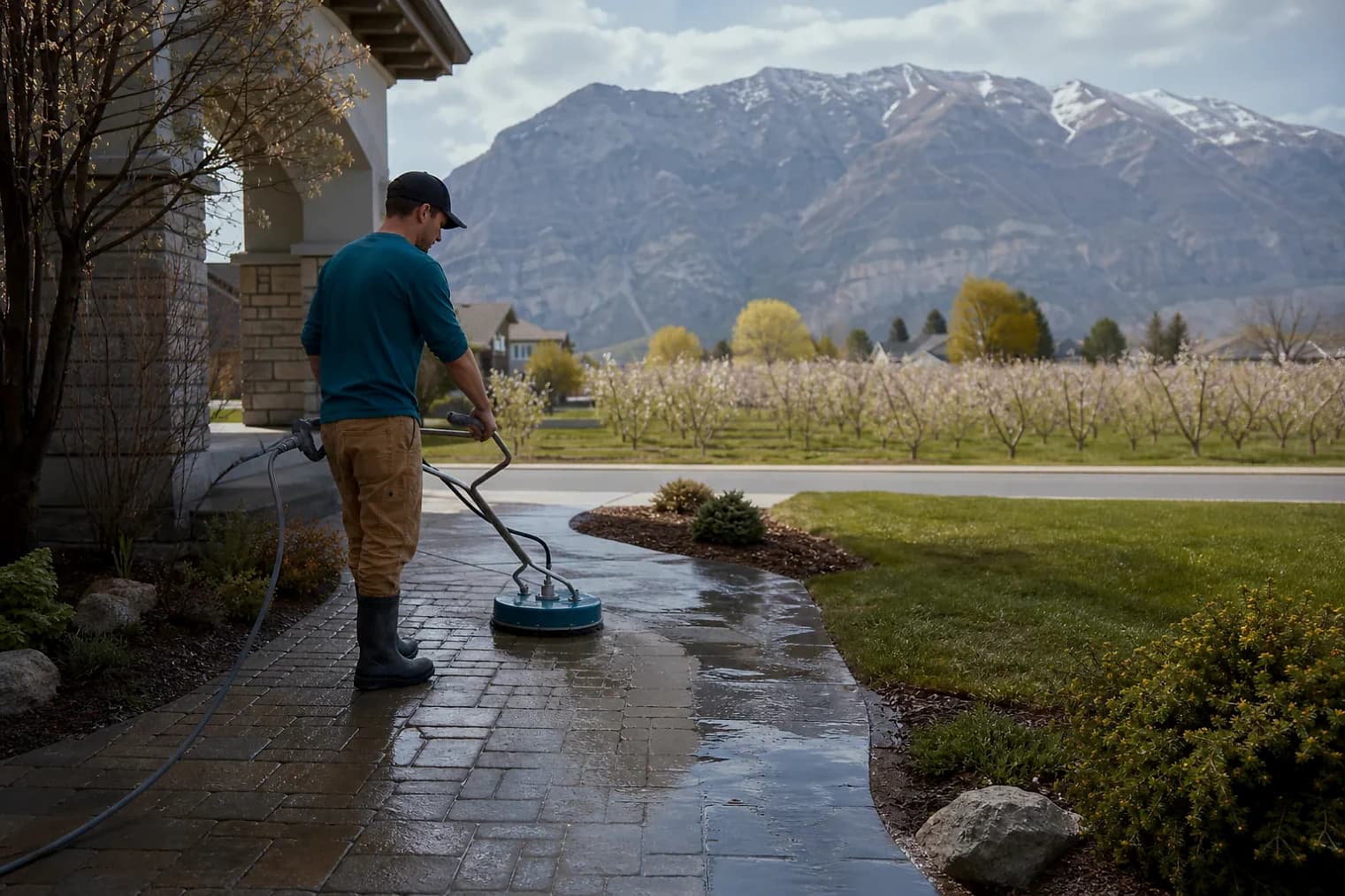 Exterior-cleaning scene inspired by Brigham City, Utah, with characteristic Cache Valley and far northern Utah landscape