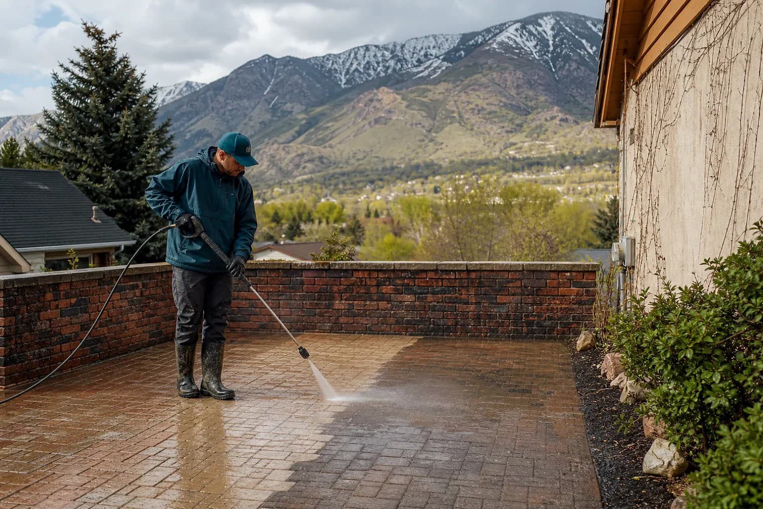 Exterior-cleaning scene inspired by Brighton, Utah, with characteristic the Wasatch Front landscape