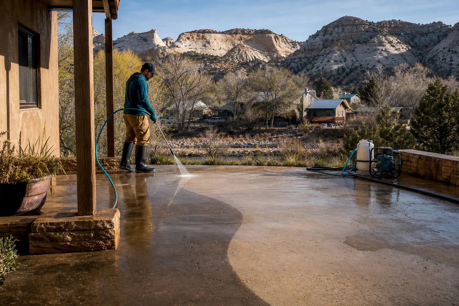 Exterior-cleaning scene inspired by Bryce Canyon City, Utah, with characteristic Utah's canyon country landscape