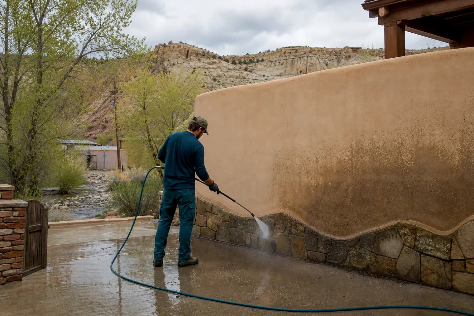 Exterior-cleaning scene inspired by Cannonville, Utah, with characteristic Utah's canyon country landscape
