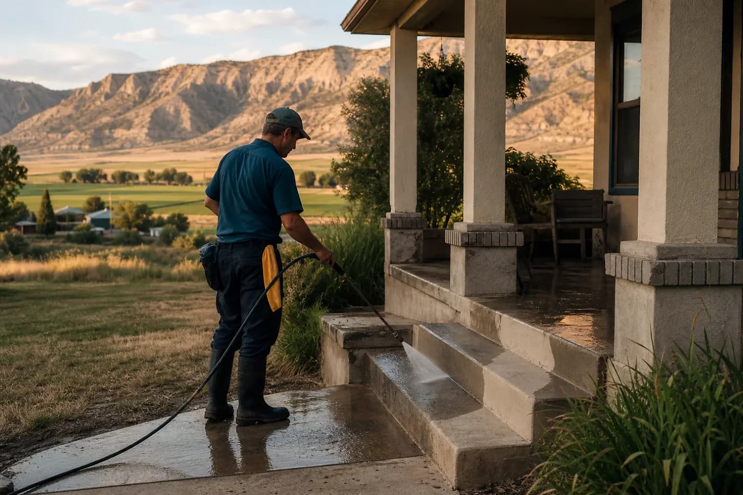Exterior-cleaning scene inspired by Castle Dale, Utah, with characteristic central Utah landscape