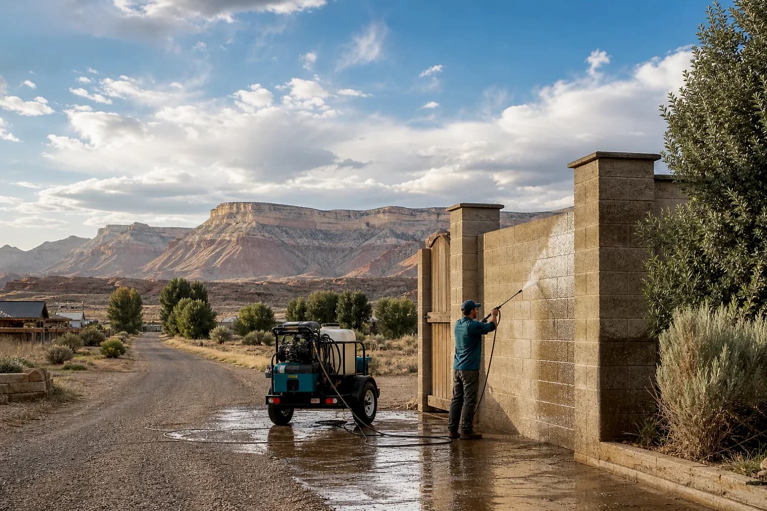 Exterior-cleaning scene inspired by Castle Valley, Utah, with characteristic the Uintah Basin landscape