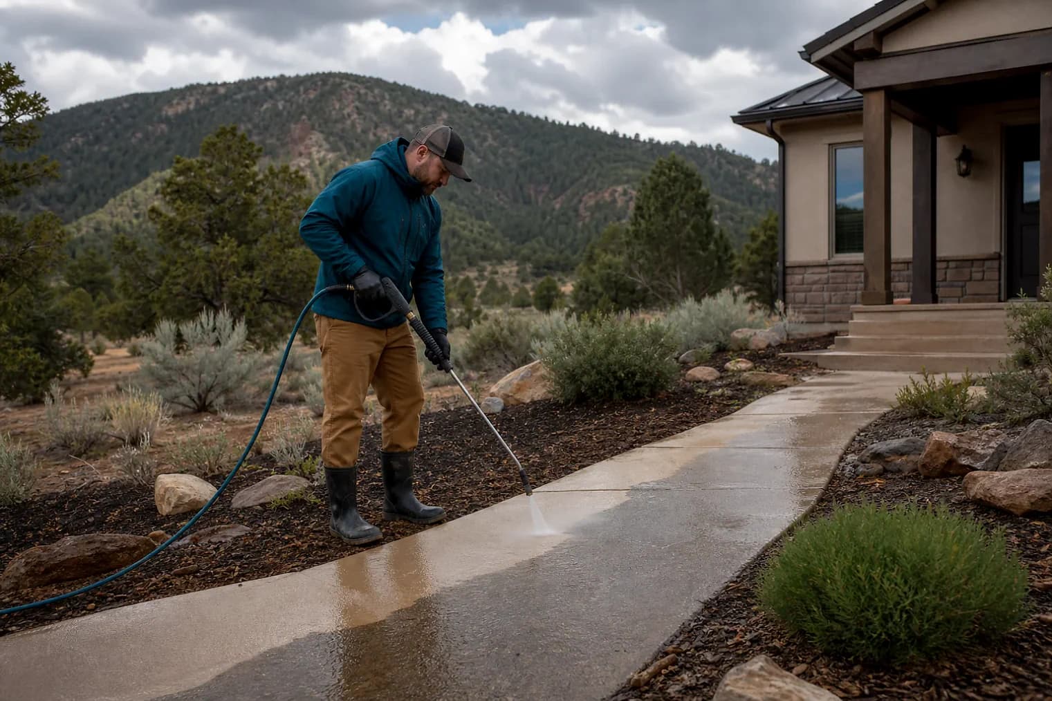Exterior-cleaning scene inspired by Cedar City, Utah, with characteristic Utah's west desert landscape