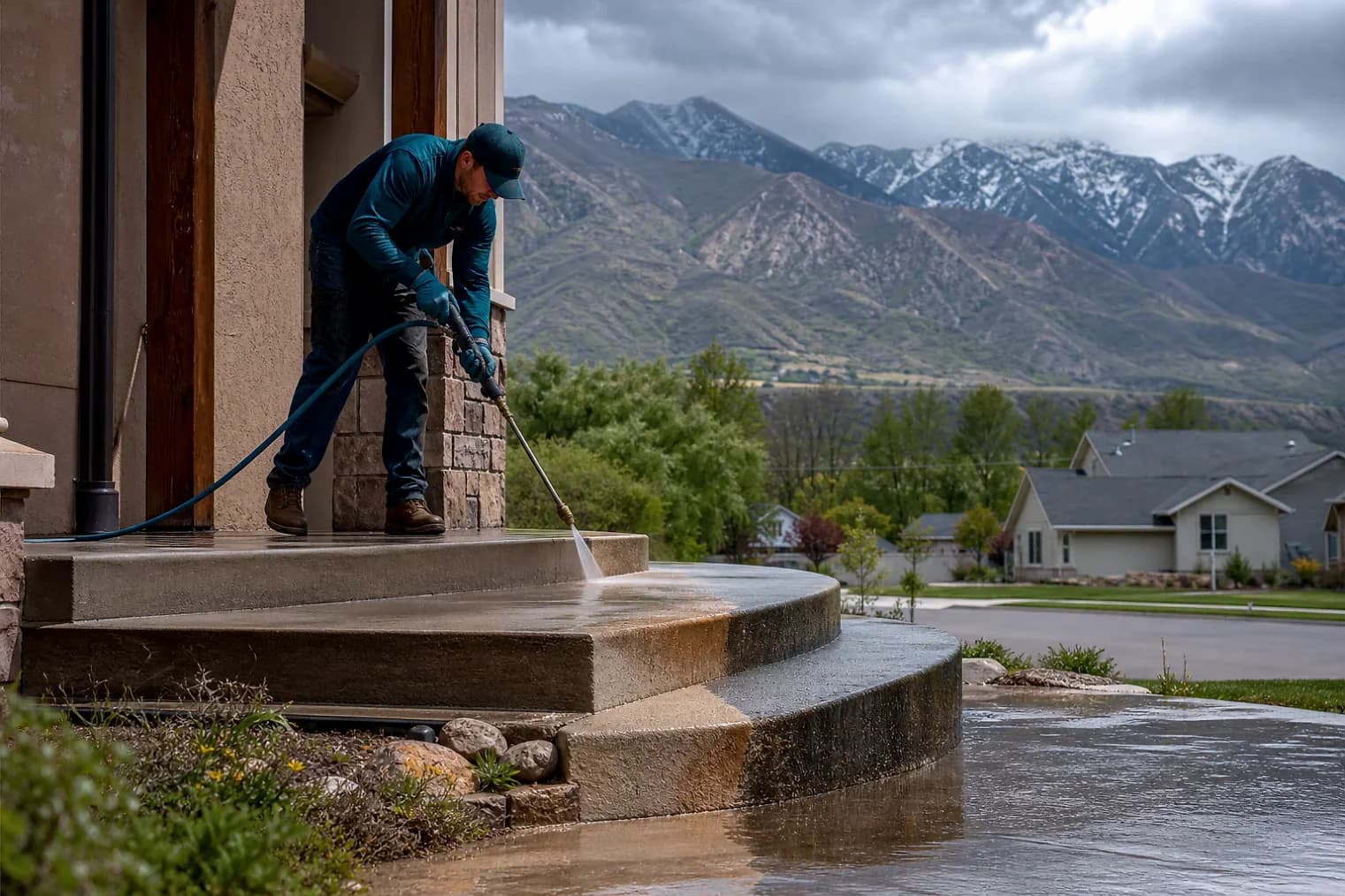 Exterior-cleaning scene inspired by Cedar Fort, Utah, with characteristic the Wasatch Front landscape