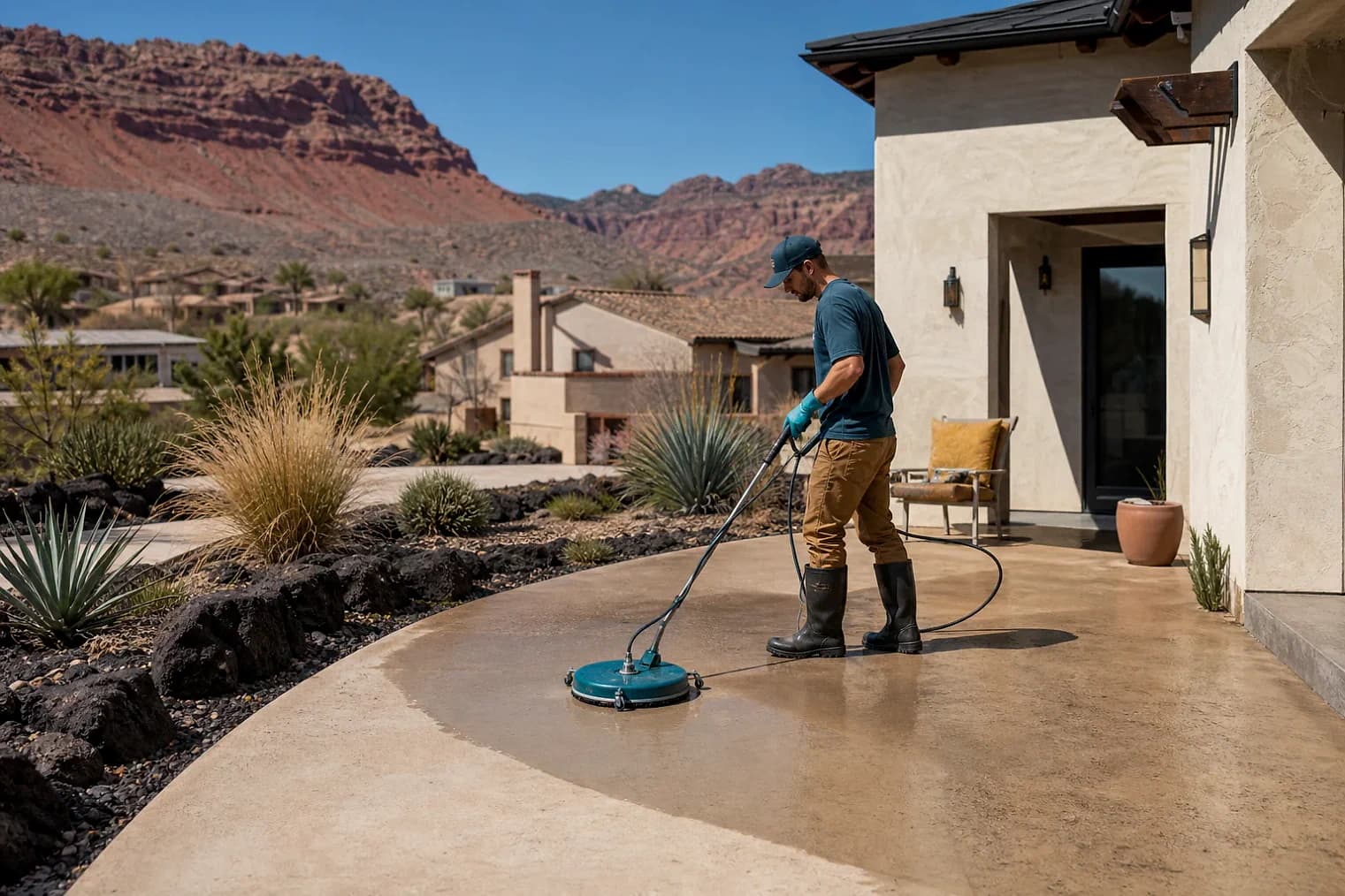 Exterior-cleaning scene inspired by Cedar Highlands, Utah, with characteristic southwest Utah landscape