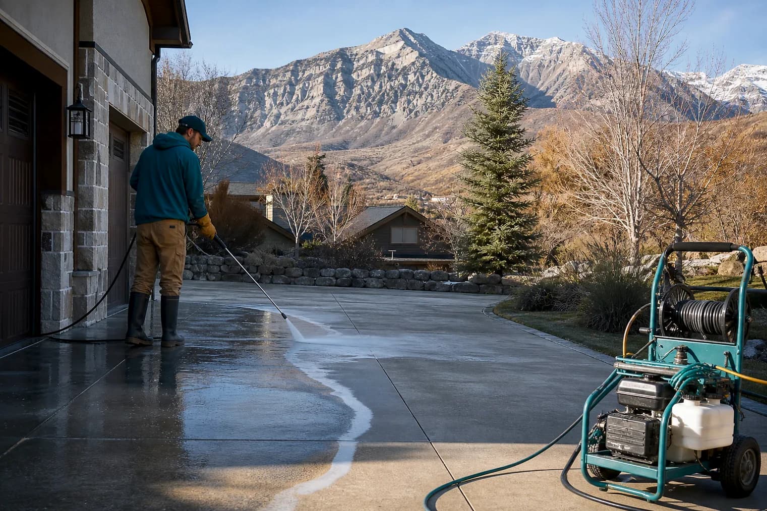 Exterior-cleaning scene inspired by Cedar Hills, Utah, with characteristic the Wasatch Front landscape