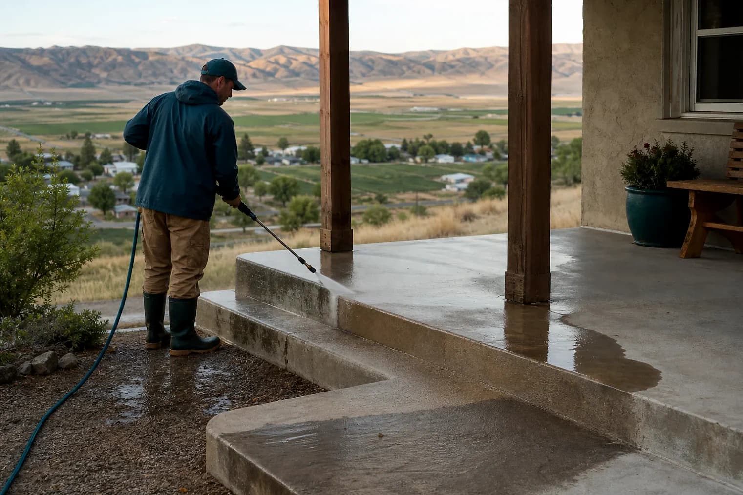 Exterior-cleaning scene inspired by Centerfield, Utah, with characteristic central Utah landscape
