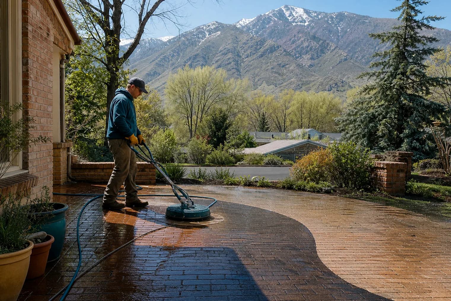 Exterior-cleaning scene inspired by Centerville, Utah, with characteristic the Wasatch Front landscape