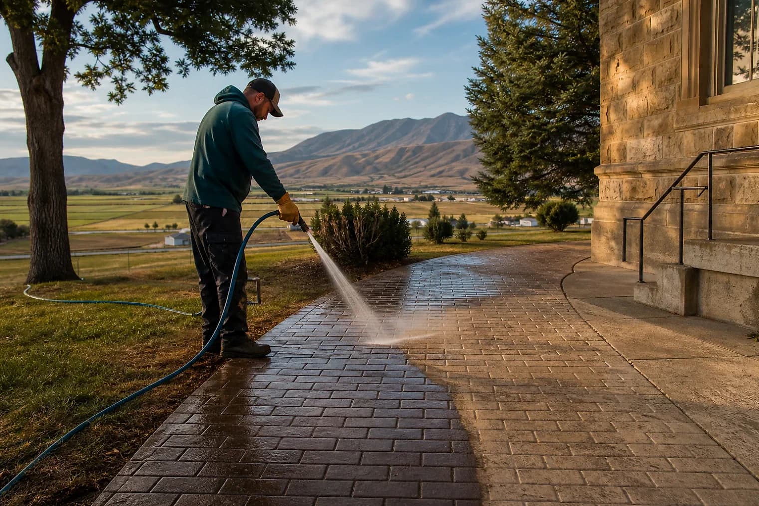 Exterior-cleaning scene inspired by Central Valley, Utah, with characteristic central Utah landscape