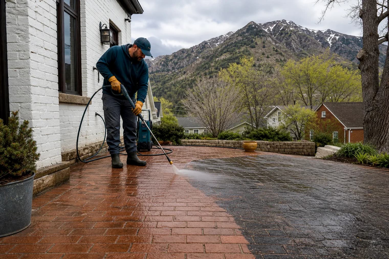 Exterior-cleaning scene inspired by Charleston, Utah, with characteristic the Wasatch Front landscape