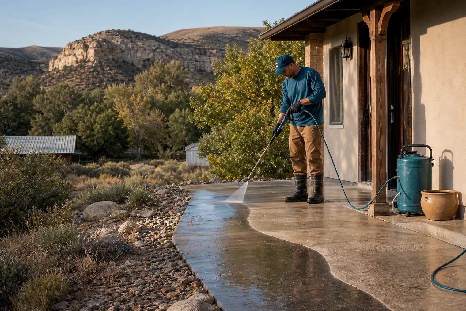 Exterior-cleaning scene inspired by Circleville, Utah, with characteristic Utah's canyon country landscape