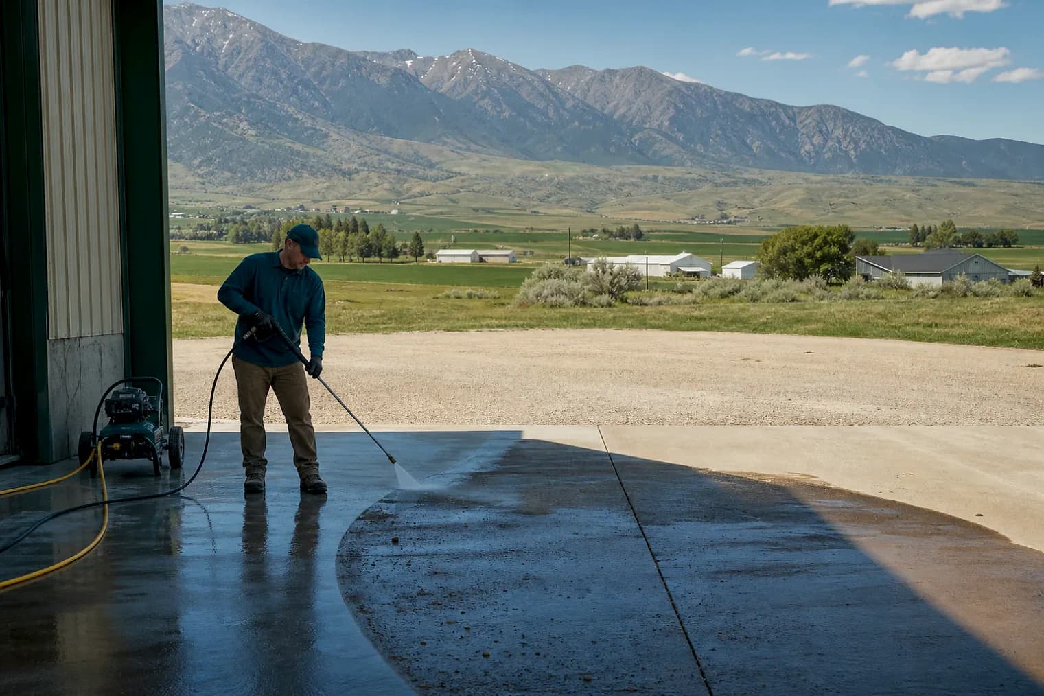 Exterior-cleaning scene inspired by Clarkston, Utah, with characteristic Cache Valley and far northern Utah landscape