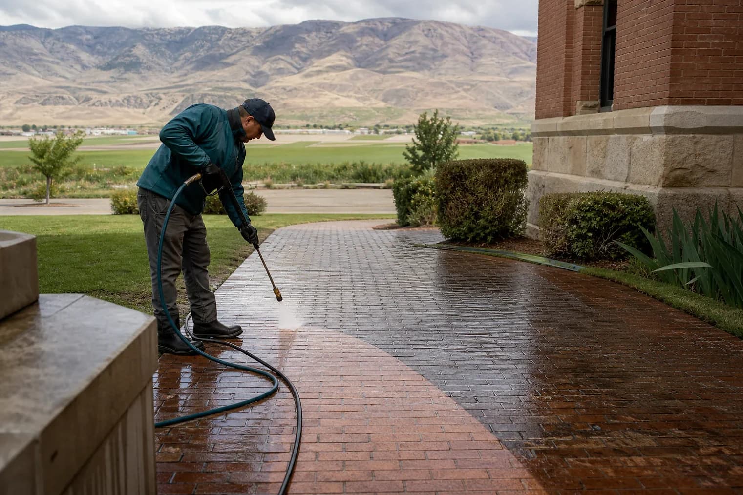 Exterior-cleaning scene inspired by Clawson, Utah, with characteristic central Utah landscape