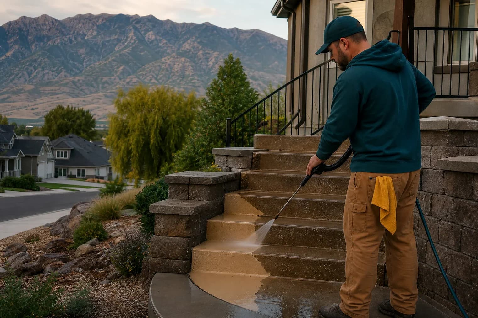 Exterior-cleaning scene inspired by Clearfield, Utah, with characteristic the Wasatch Front landscape