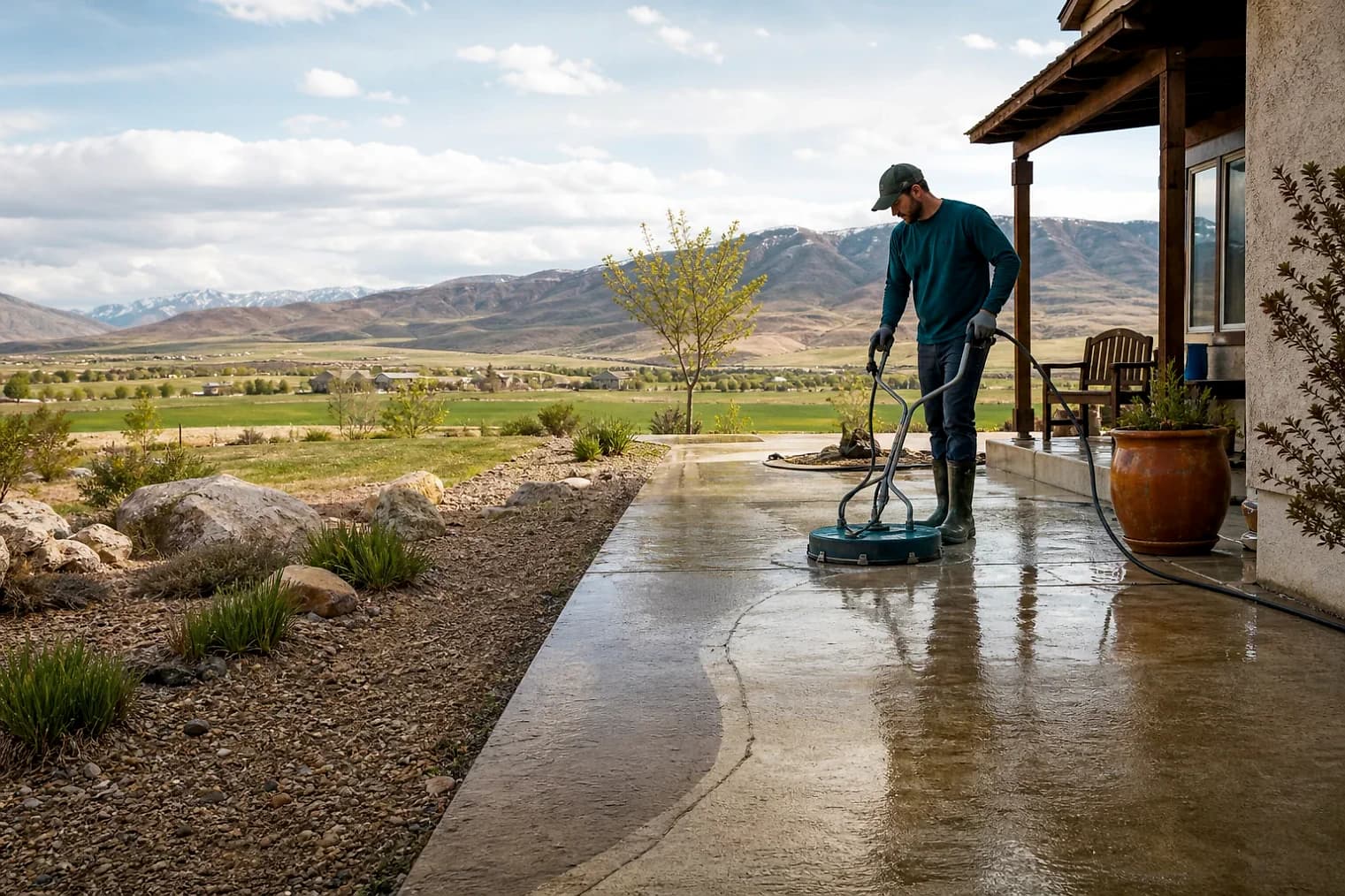 Exterior-cleaning scene inspired by Cleveland, Utah, with characteristic central Utah landscape