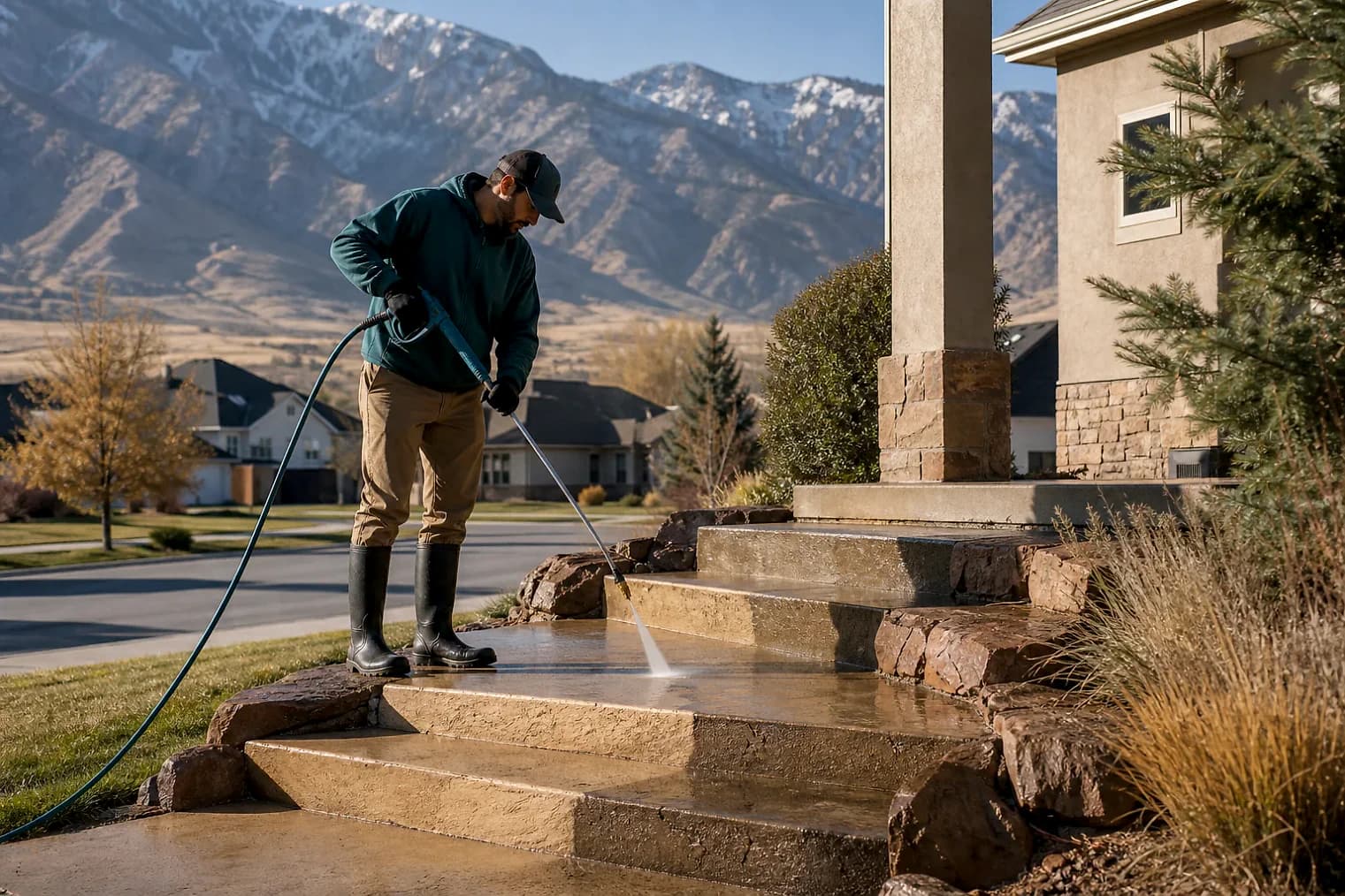 Exterior-cleaning scene inspired by Clinton, Utah, with characteristic the Wasatch Front landscape