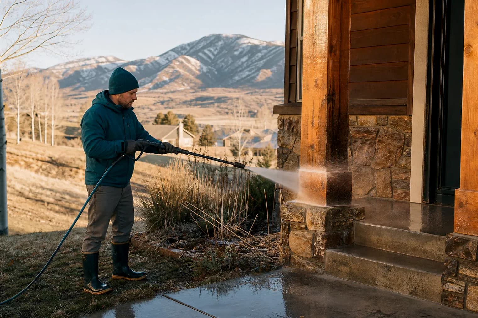Exterior-cleaning scene inspired by Coalville, Utah, with characteristic Utah's mountain valleys landscape