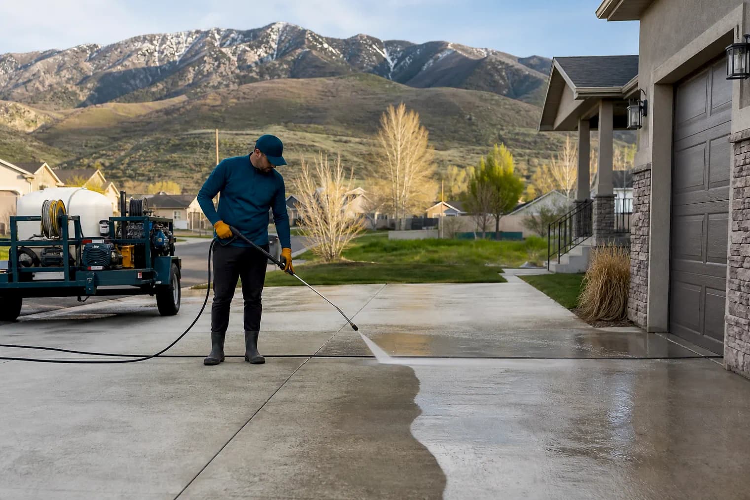 Exterior-cleaning scene inspired by Copperton, Utah, with characteristic the Wasatch Front landscape
