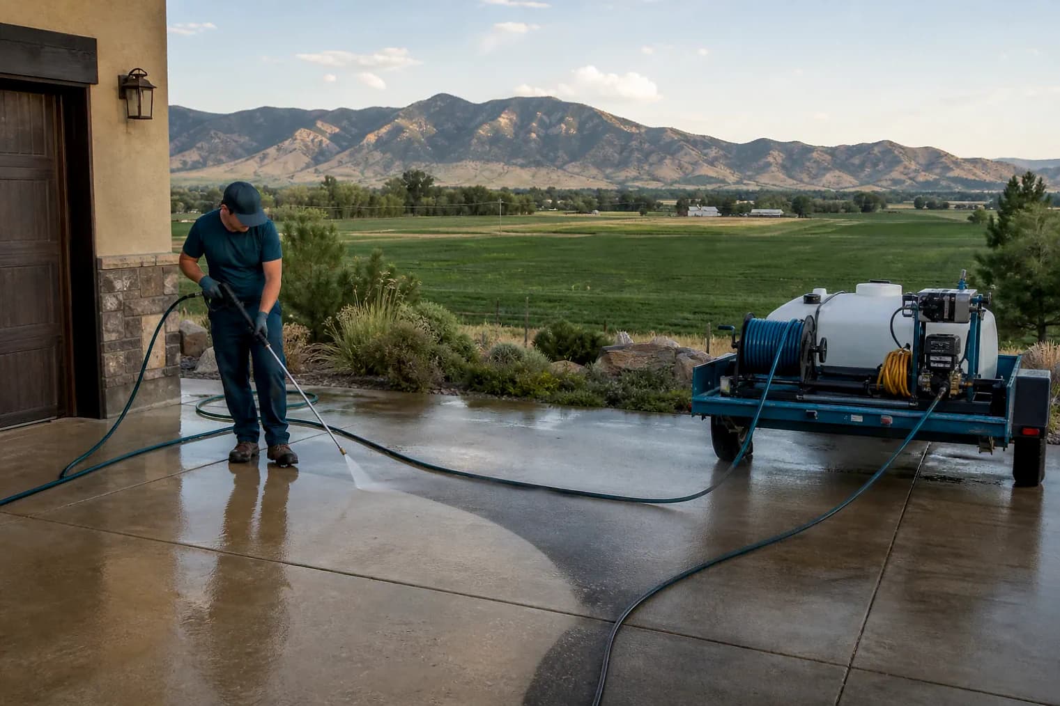 Exterior-cleaning scene inspired by Corinne, Utah, with characteristic Cache Valley and far northern Utah landscape