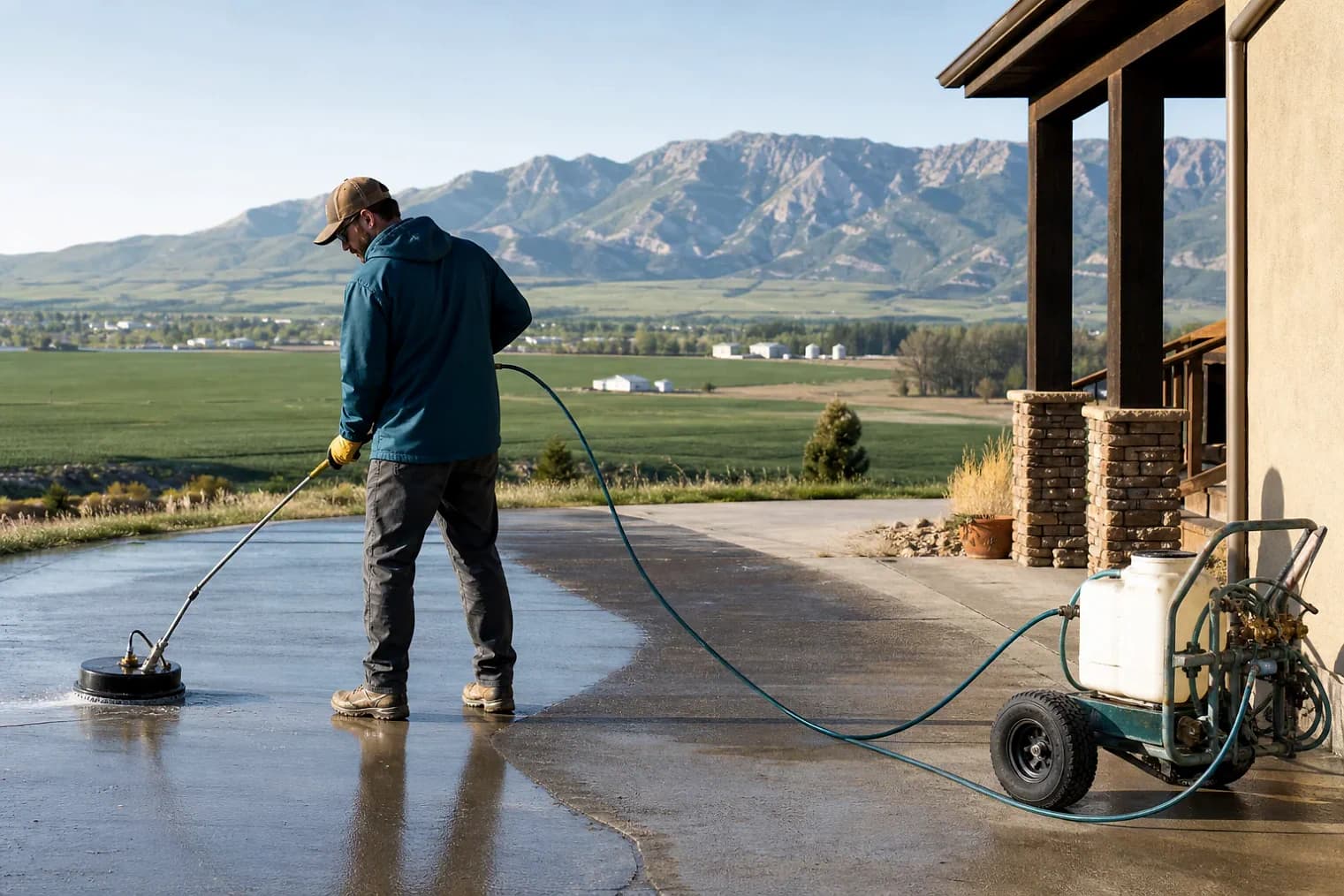 Exterior-cleaning scene inspired by Cornish, Utah, with characteristic Cache Valley and far northern Utah landscape
