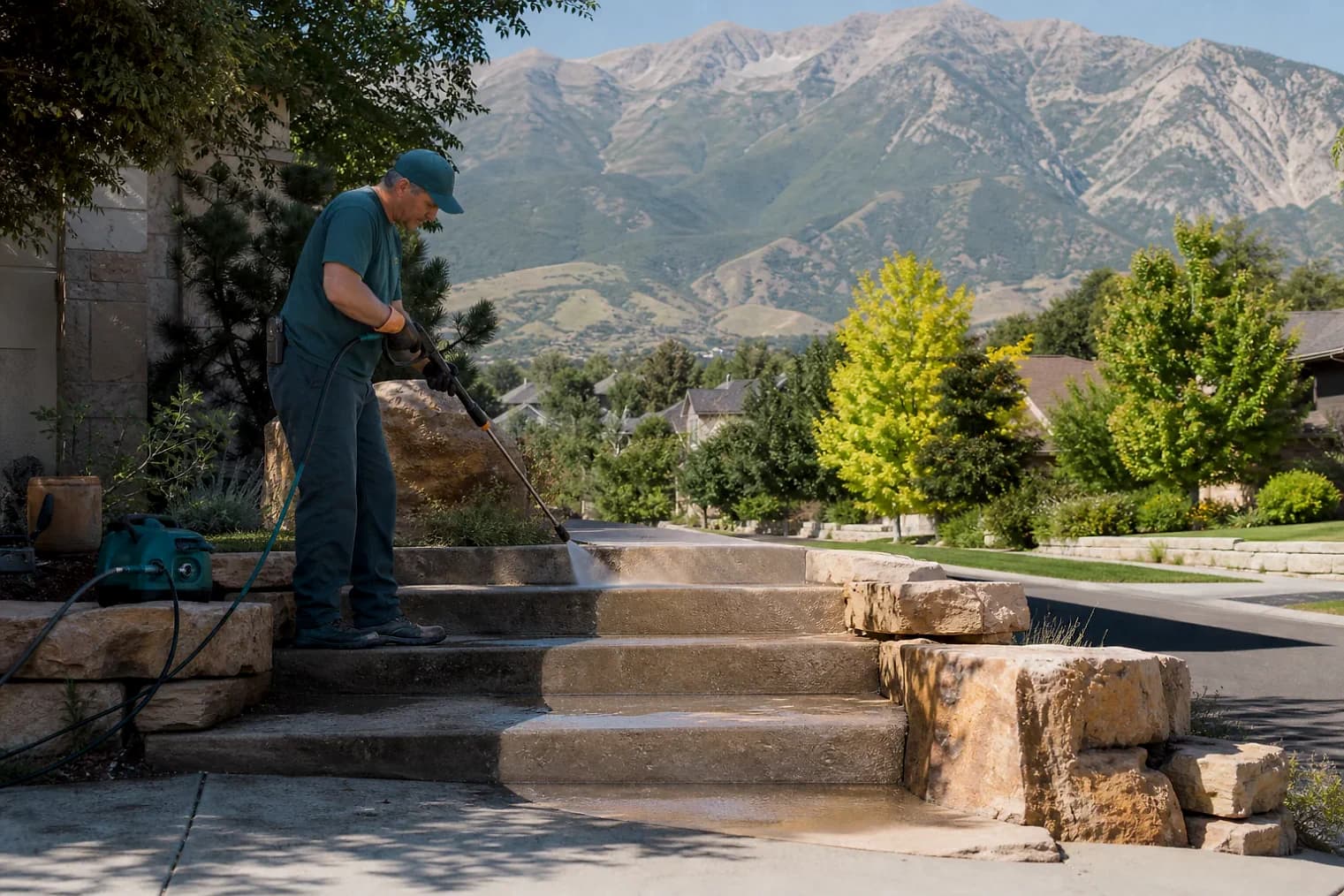 Exterior-cleaning scene inspired by Cottonwood Heights, Utah, with characteristic the Wasatch Front landscape