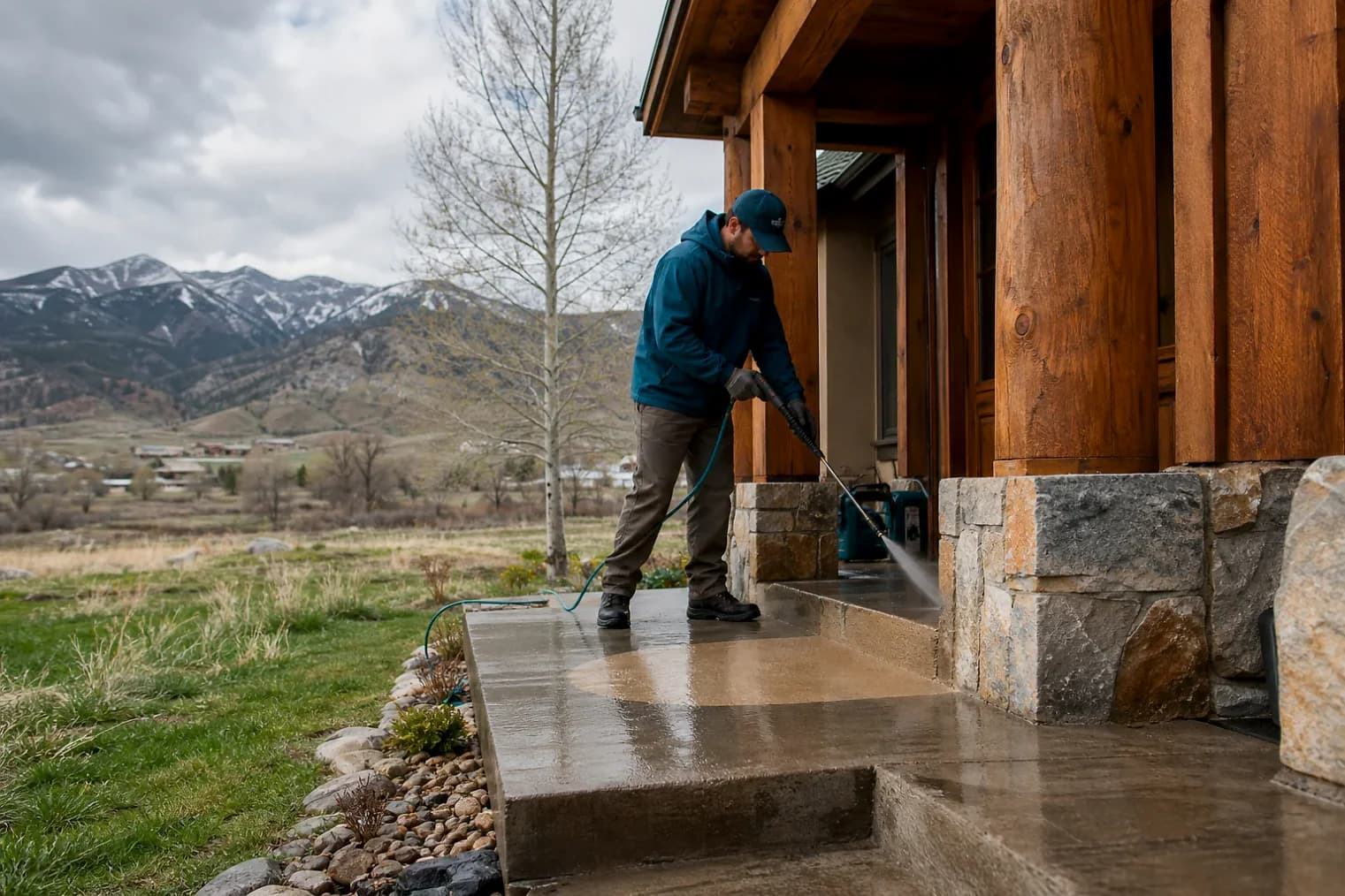 Exterior-cleaning scene inspired by Daniel, Utah, with characteristic Utah's mountain valleys landscape