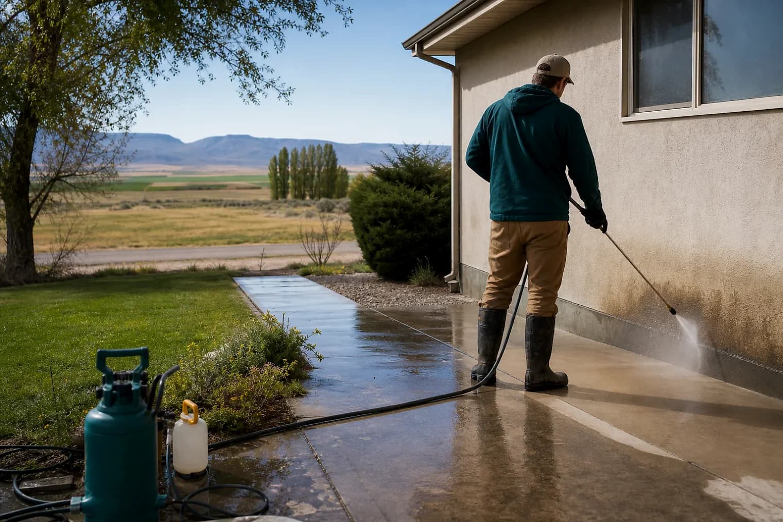 Exterior-cleaning scene inspired by Delta, Utah, with characteristic central Utah landscape