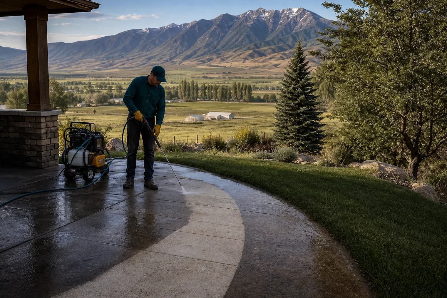 Exterior-cleaning scene inspired by Deweyville, Utah, with characteristic Cache Valley and far northern Utah landscape