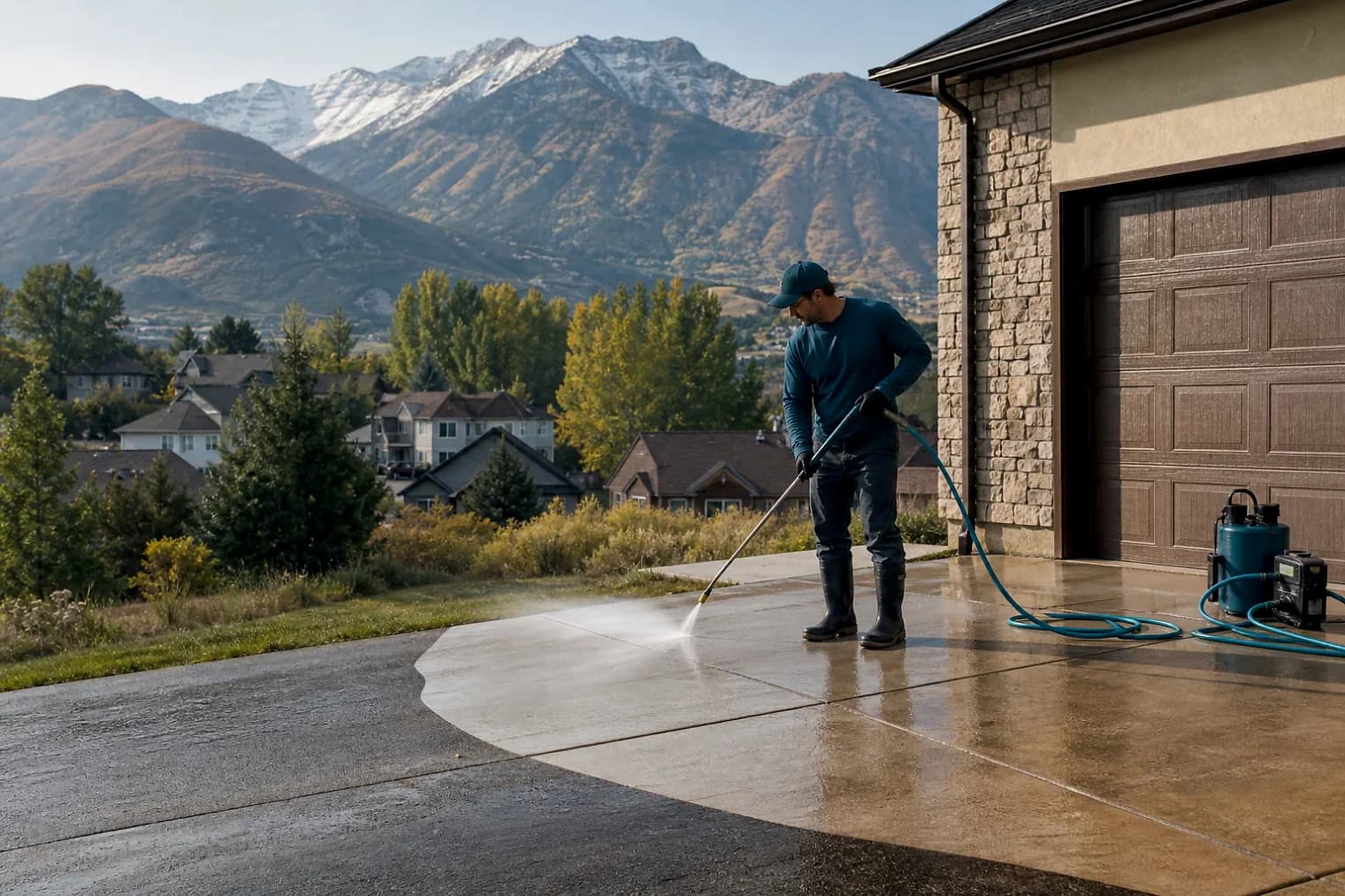 Exterior-cleaning scene inspired by Draper, Utah, with characteristic the Wasatch Front landscape