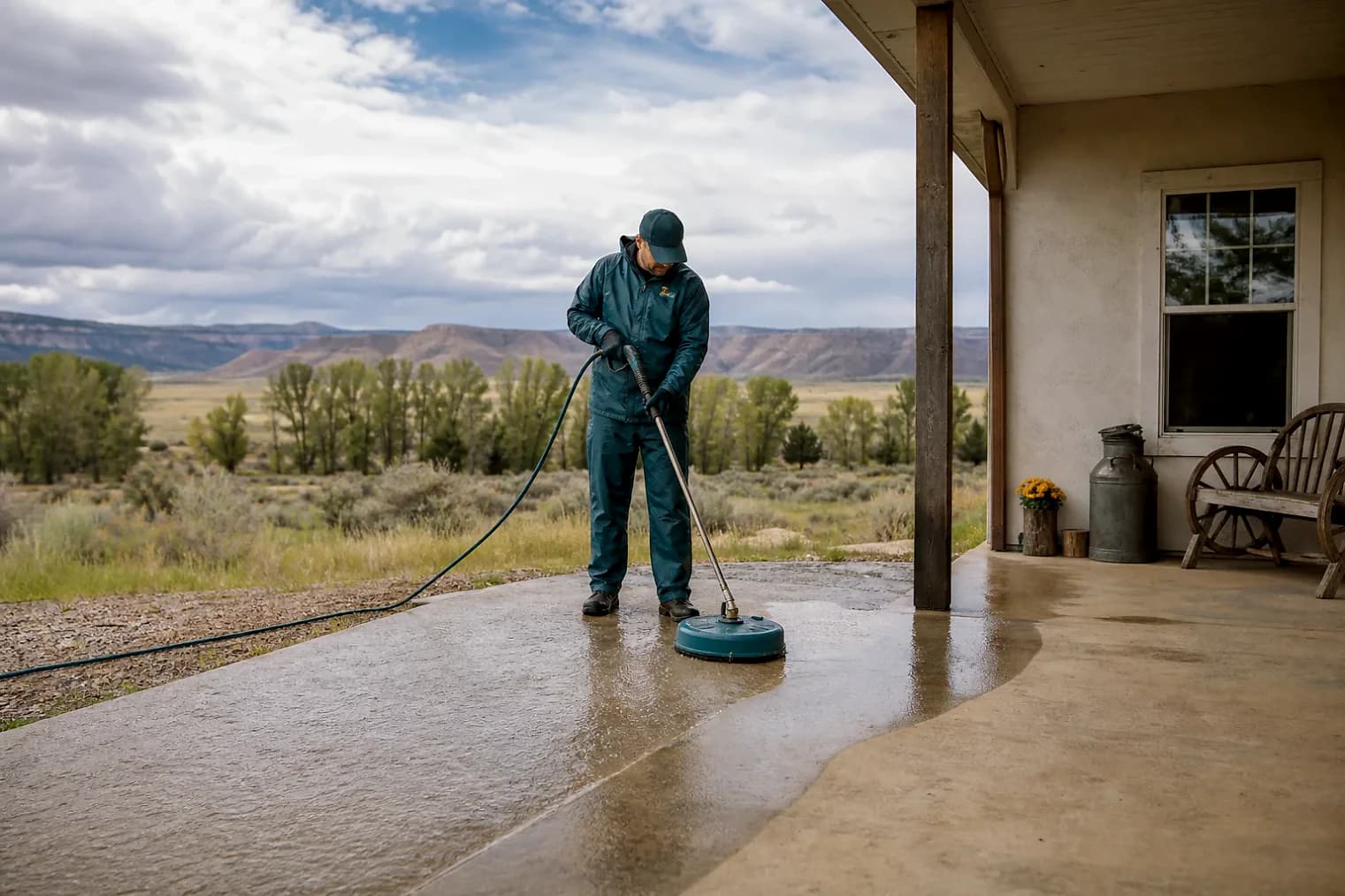 Exterior-cleaning scene inspired by Duchesne, Utah, with characteristic the Uintah Basin landscape
